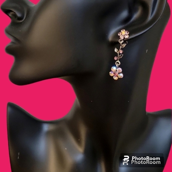 3/$30 Pink Crystal Floral Coquette Dangle Post Earrings - Picture 1 of 5